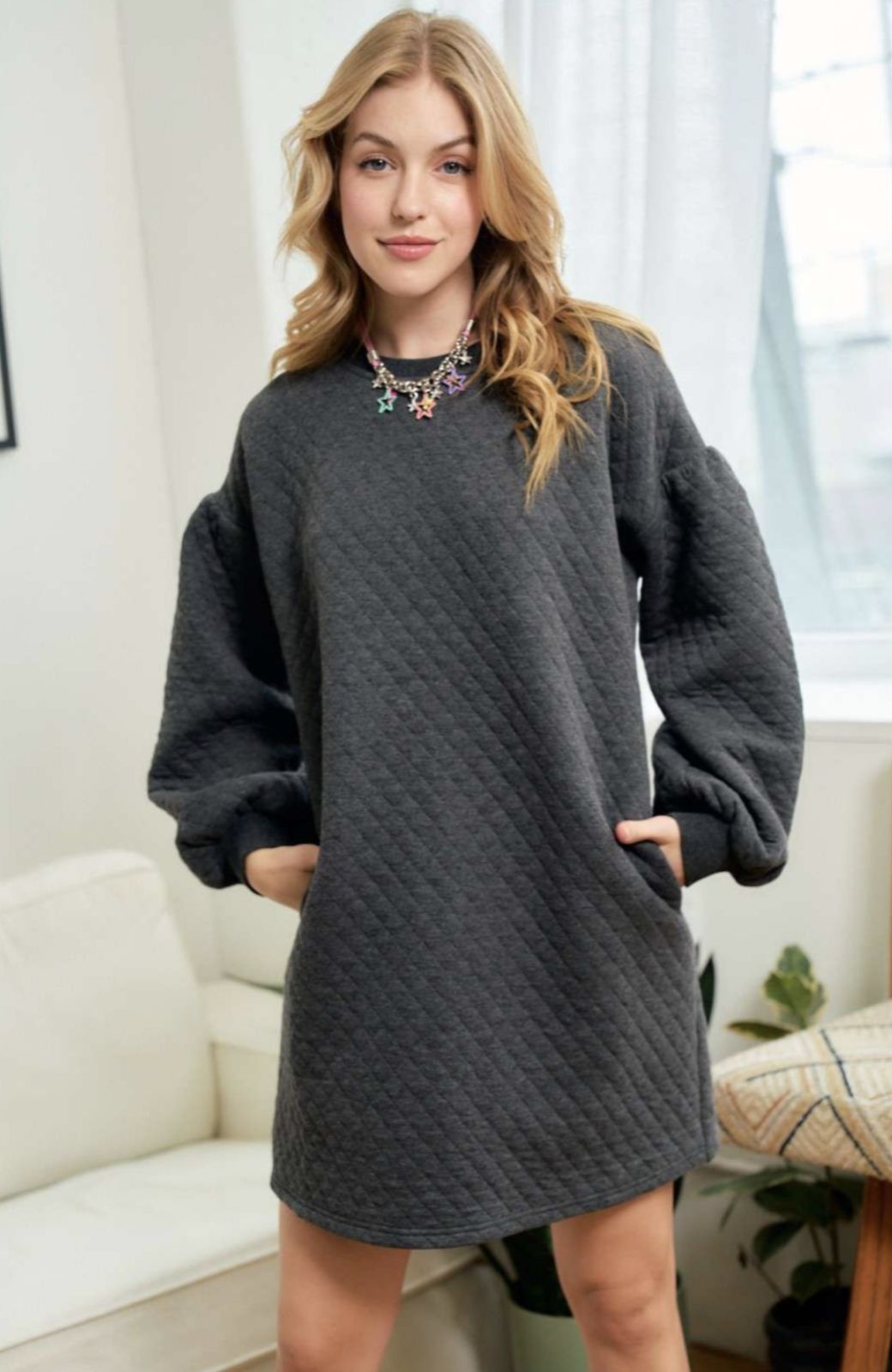 Solid Quilted Long Sleeve Oversized Dress #S327