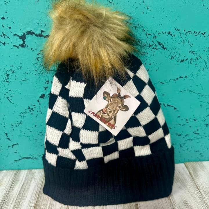 Checkered Fur Pom Beanies #CH02