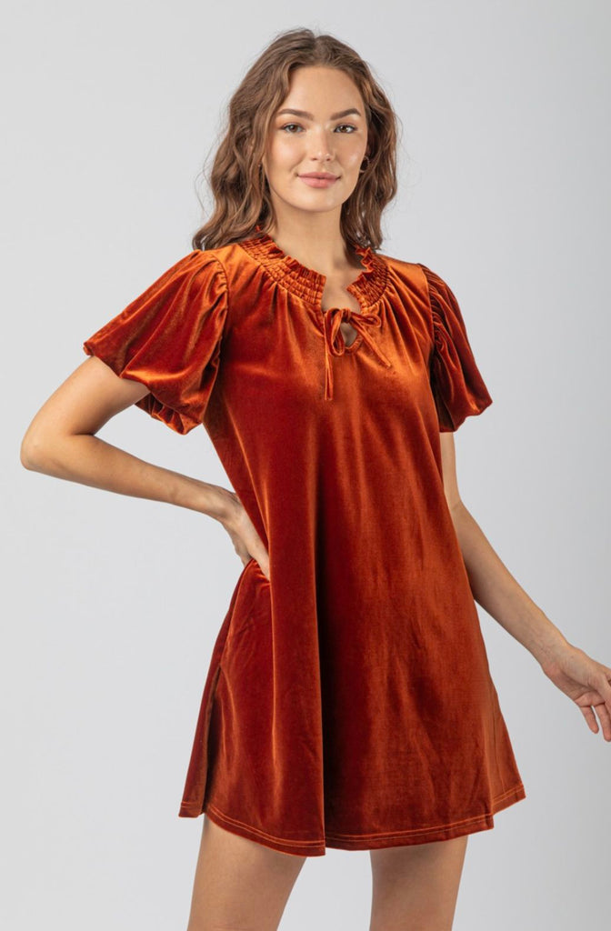orange velvet mini dress Debut In Velvet: Burnt orange velvet button mini dress Mari Dangerfield (Copy)