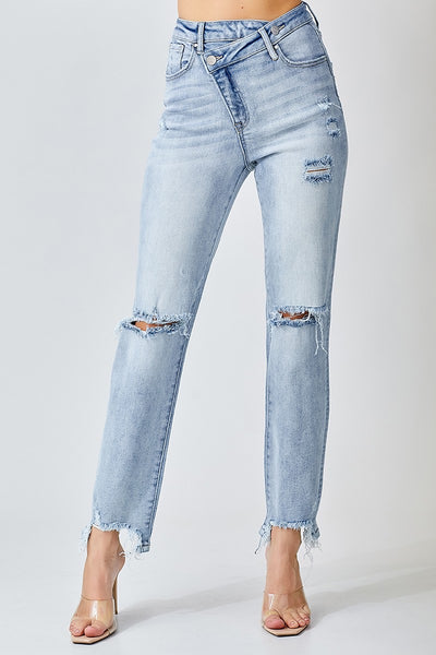 Risen Light Crossover Distressed Girlfriend Jeans #S351
