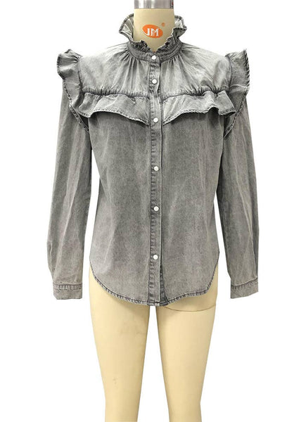 Ruffle Denim Blouse #TOP610