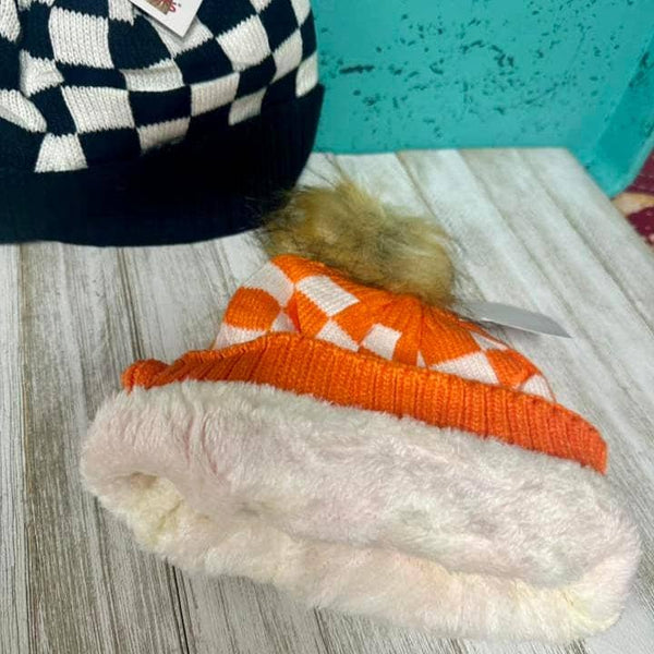 Checkered Fur Pom Beanies #CH02