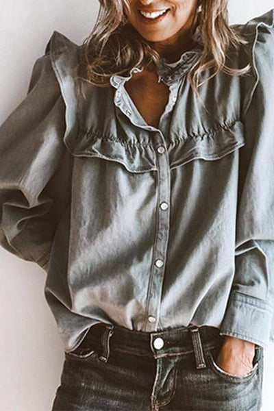 Ruffle Denim Blouse #TOP610