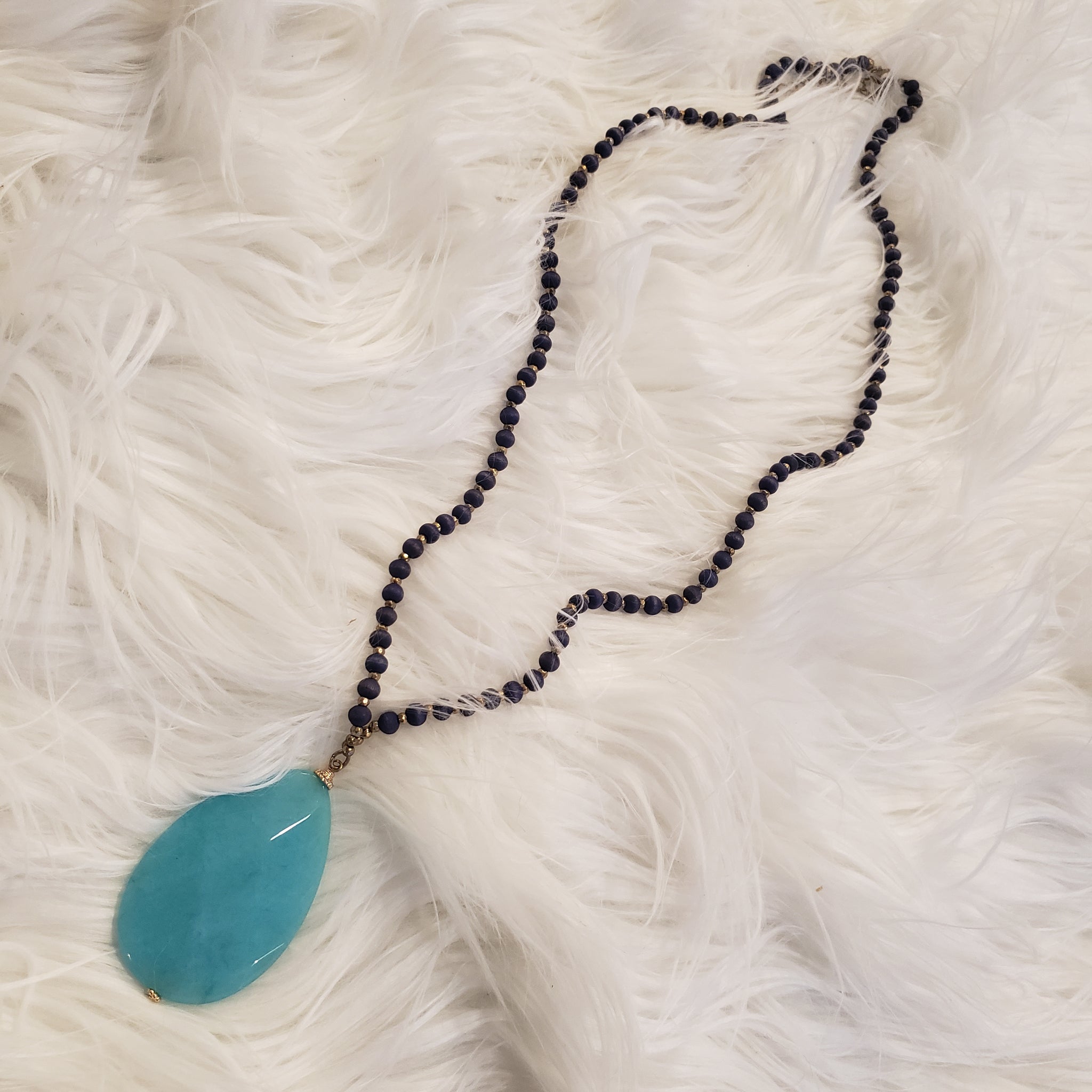 Teal Stone w/ Navy Strand Necklace #E107