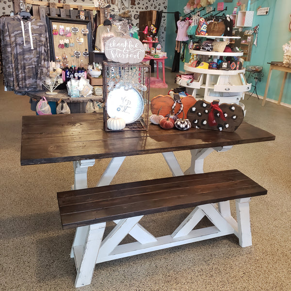 Custom Built Farmhouse Table & Bench NOT AVAILABLE FOR SHIPPING Located in Farmersville, TX