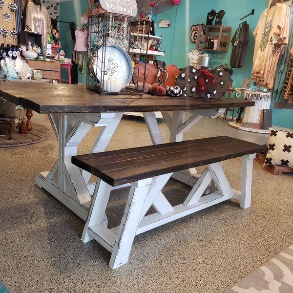 Custom Built Farmhouse Table & Bench NOT AVAILABLE FOR SHIPPING Located in Farmersville, TX