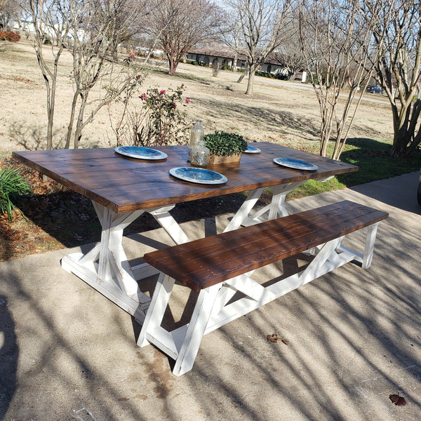 Custom Built Farmhouse Table & Bench NOT AVAILABLE FOR SHIPPING Located in Farmersville, TX