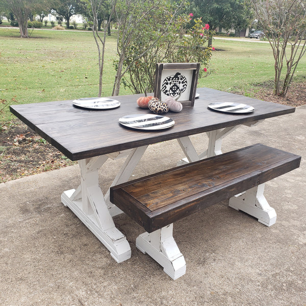 Custom Built Farmhouse Table & Bench NOT AVAILABLE FOR SHIPPING Located in Farmersville, TX