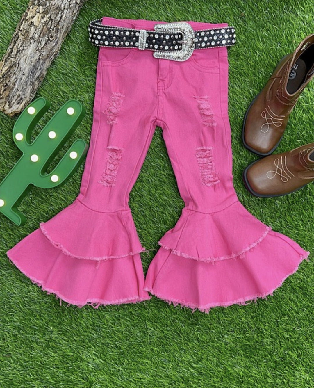 Kids pink distressed bell bottoms #k116